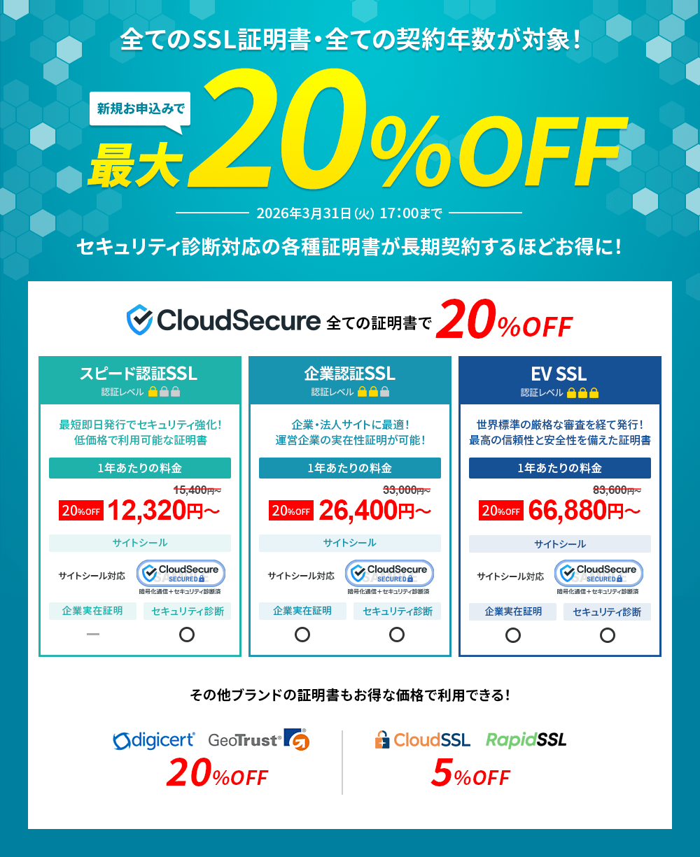 SSL������ ����20%OFF�����ڡ����2025ǯ12��25��(��) 12:00��2026ǯ3��31��(��) 17:00�ޤǡ�